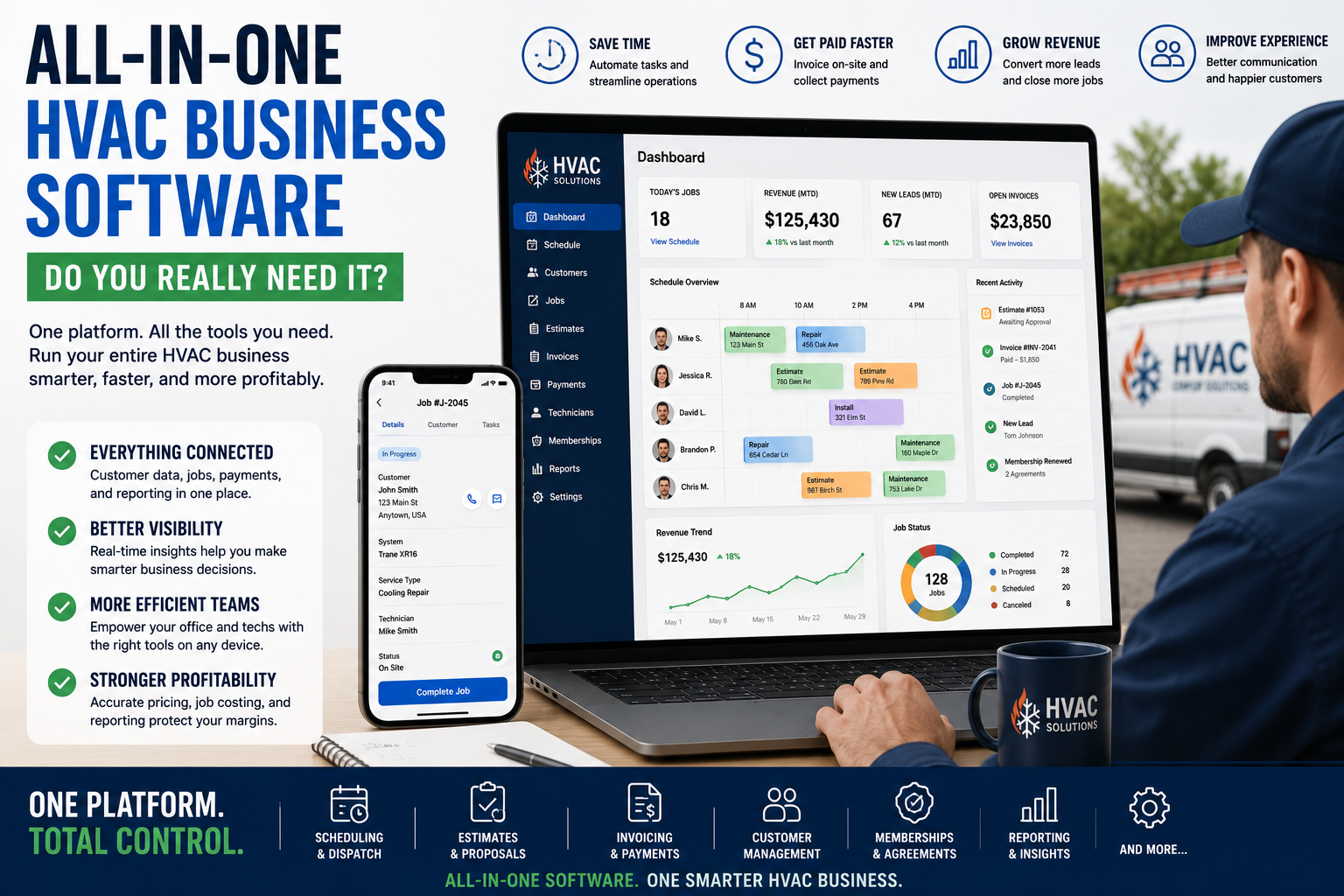 HVAC business owner reviewing an all-in-one software platform for dispatch, estimates, payments, customer management, and reporting
