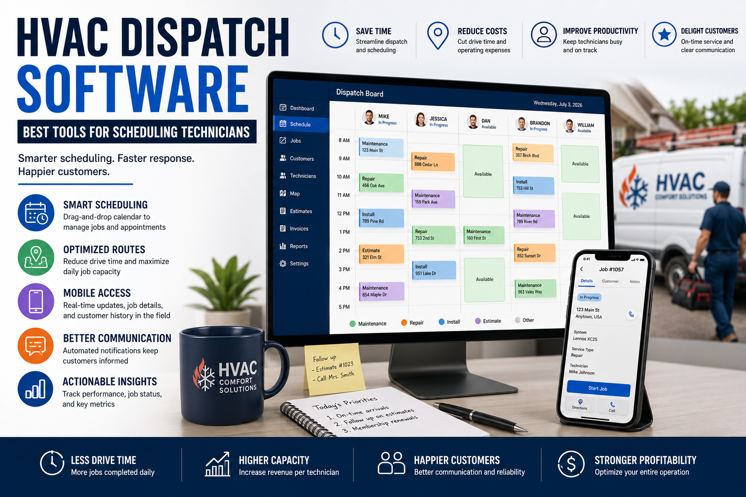 HVAC dispatcher reviewing technician schedules, service routes, and live job status on dispatch software