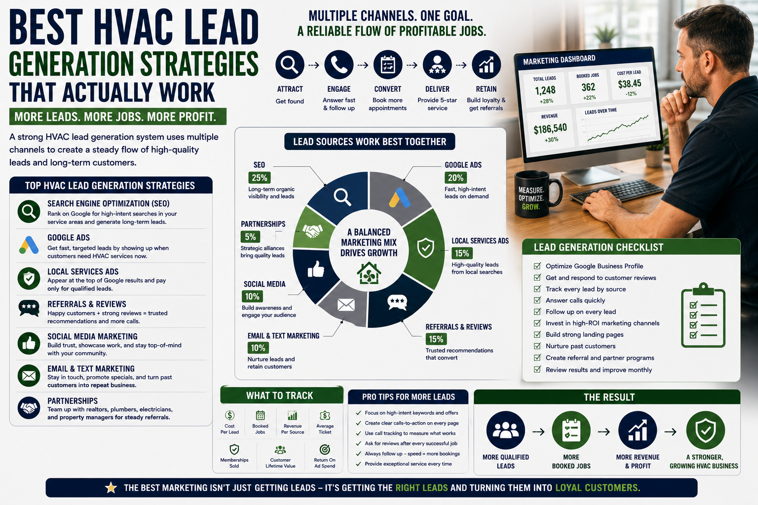 HVAC business owner reviewing lead generation channels including SEO, Google Ads, referrals, reviews, and Local Services Ads