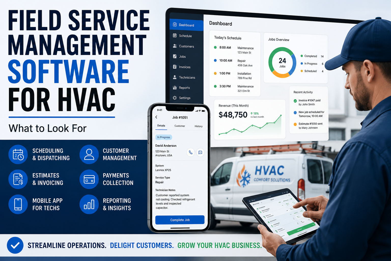 HVAC business owner reviewing field service management software for scheduling, dispatch, mobile technicians, invoicing, and reporting