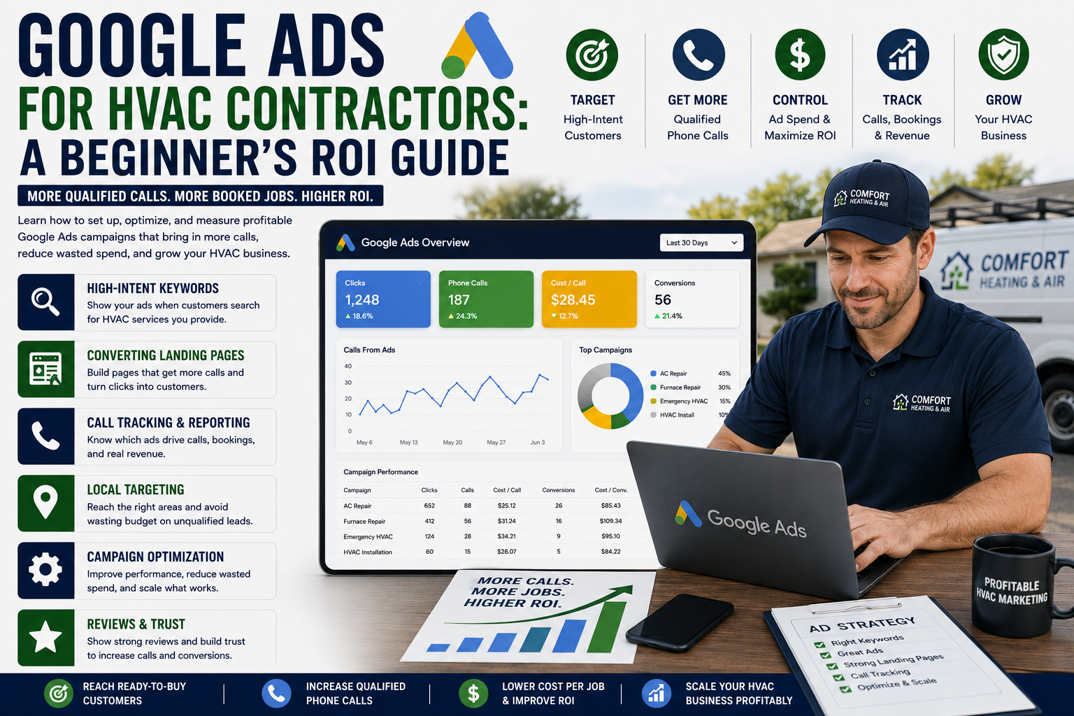 HVAC business owner reviewing Google Ads performance, qualified leads, booked jobs, and advertising return on investment