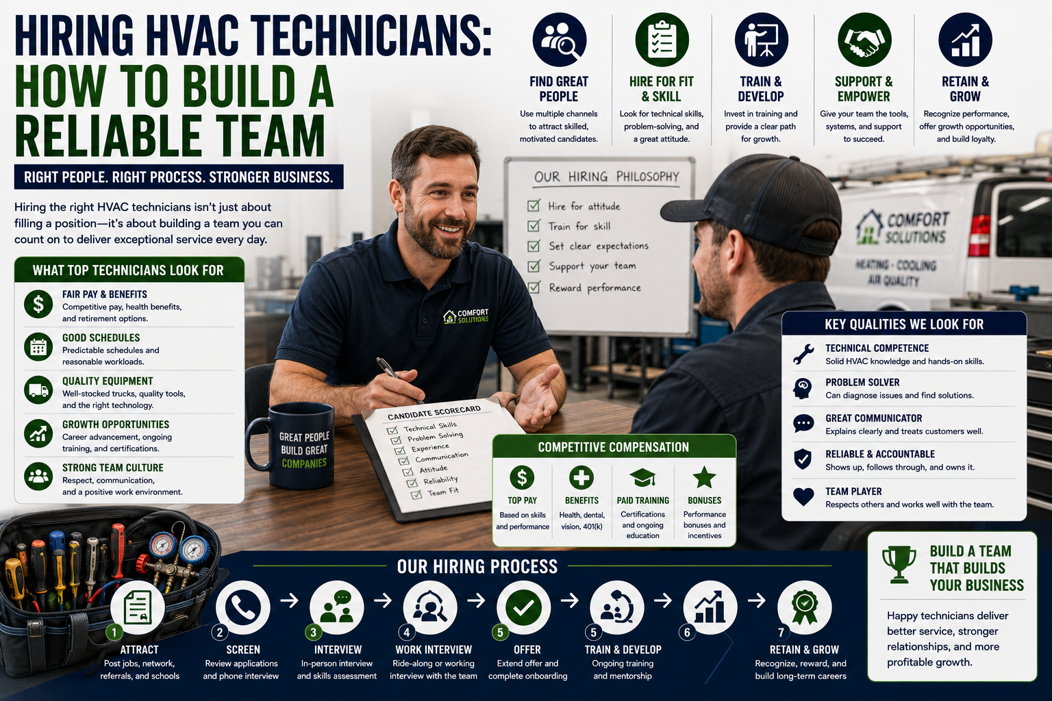 HVAC business owner interviewing and training technicians to build a reliable service team