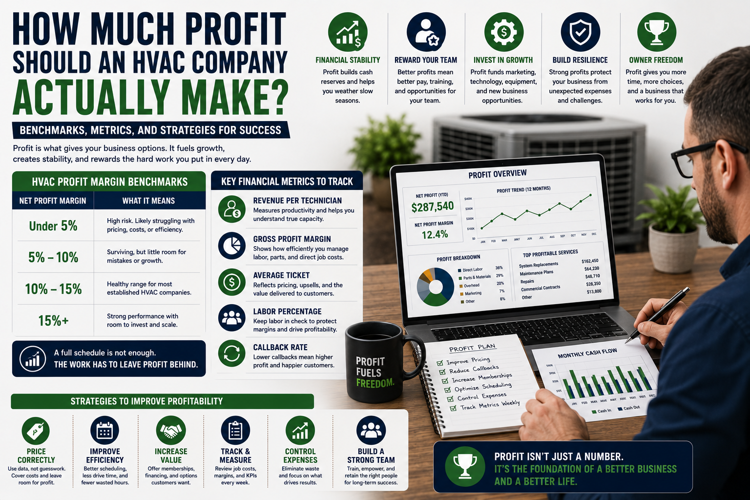 HVAC business owner reviewing profit margins, revenue, labor costs, and financial performance