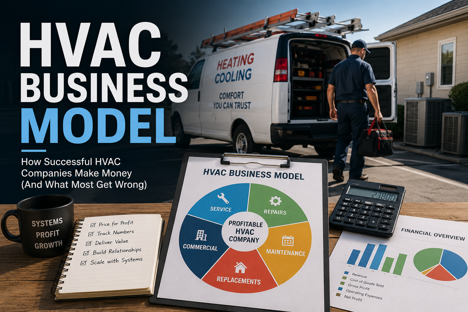 HVAC business owner reviewing company operations and technician performance.