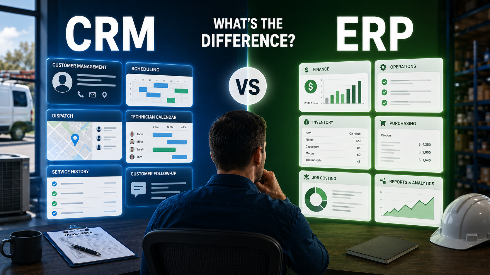HVAC business owner comparing CRM and ERP software systems for dispatch, finance, operations, and customer management