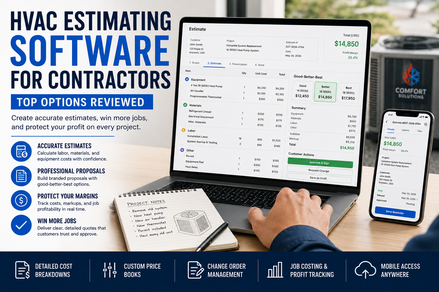 HVAC business owner reviewing estimating software with labor costs, equipment pricing, proposal options, and job profitability