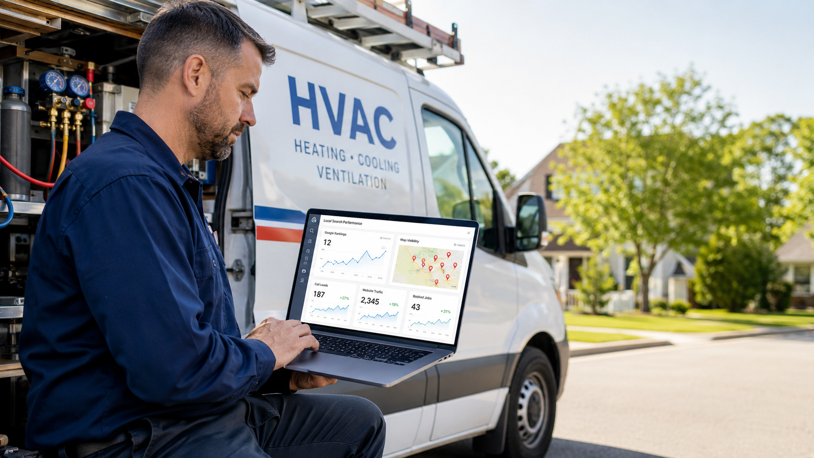 HVAC contractor reviewing local SEO lead generation performance on a laptop beside a service van