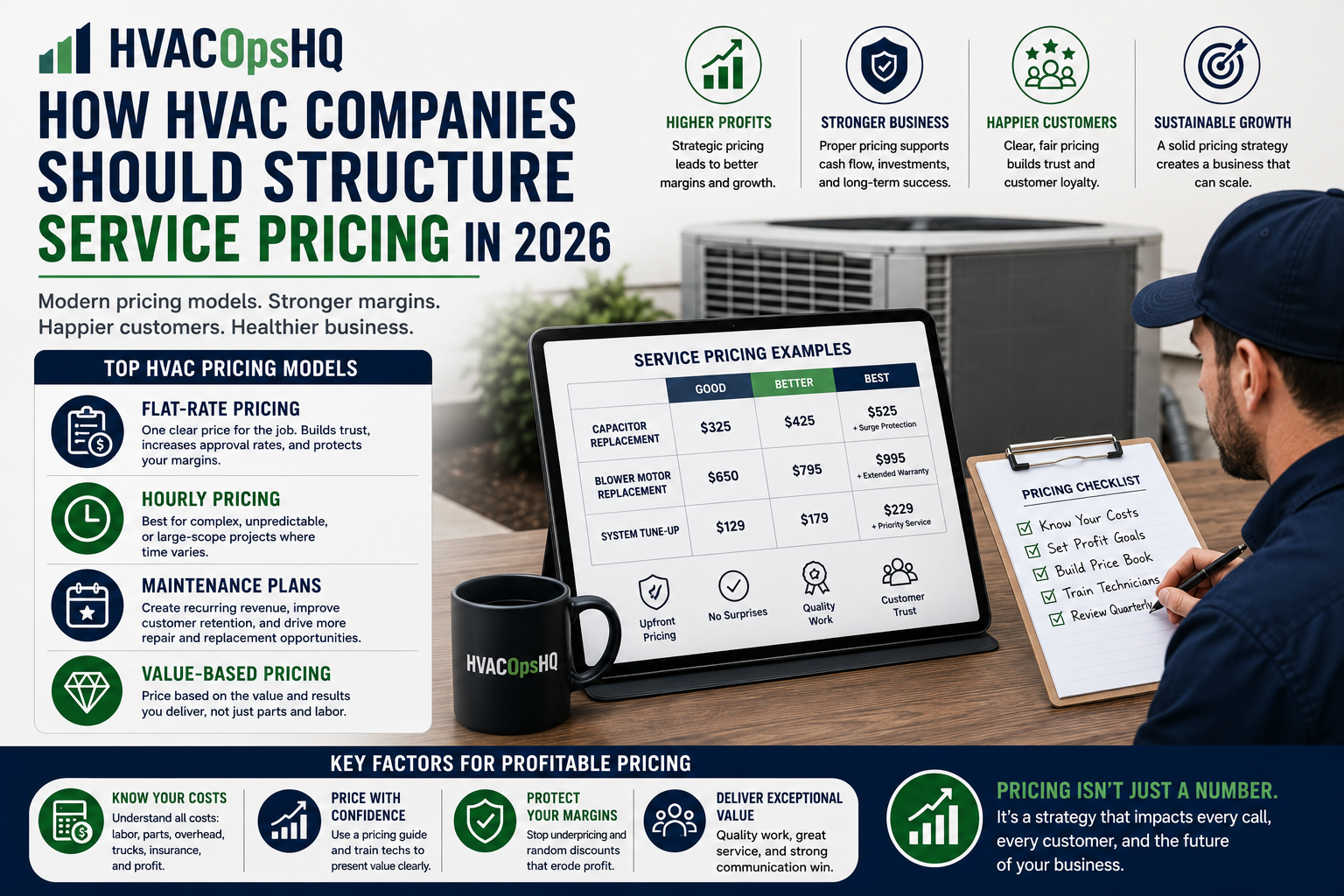 HVAC business owner reviewing flat-rate pricing, maintenance plans, labor costs, and service profit margins