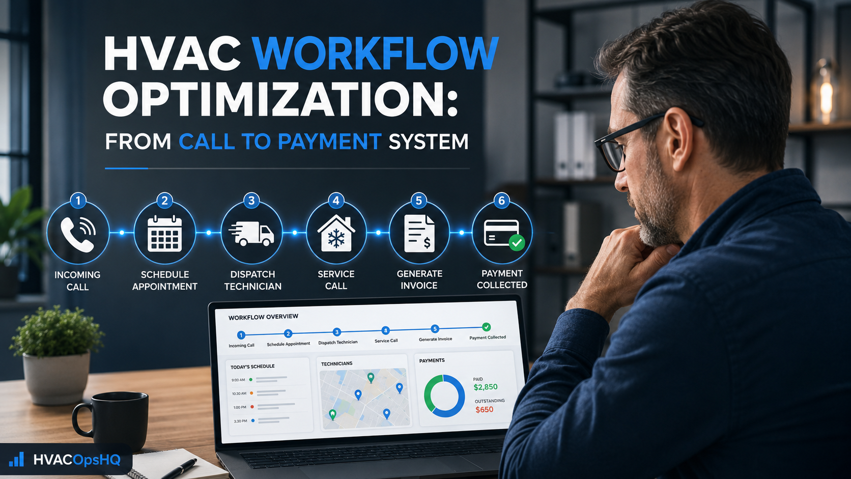 HVAC business owner reviewing a workflow from customer call through dispatch, invoicing, and payment collection
