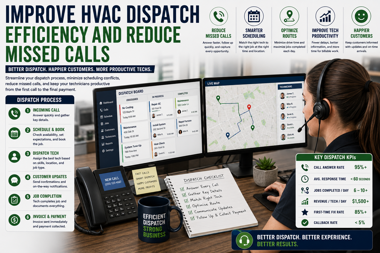 HVAC dispatcher reviewing technician schedules, missed calls, service routes, and live job updates