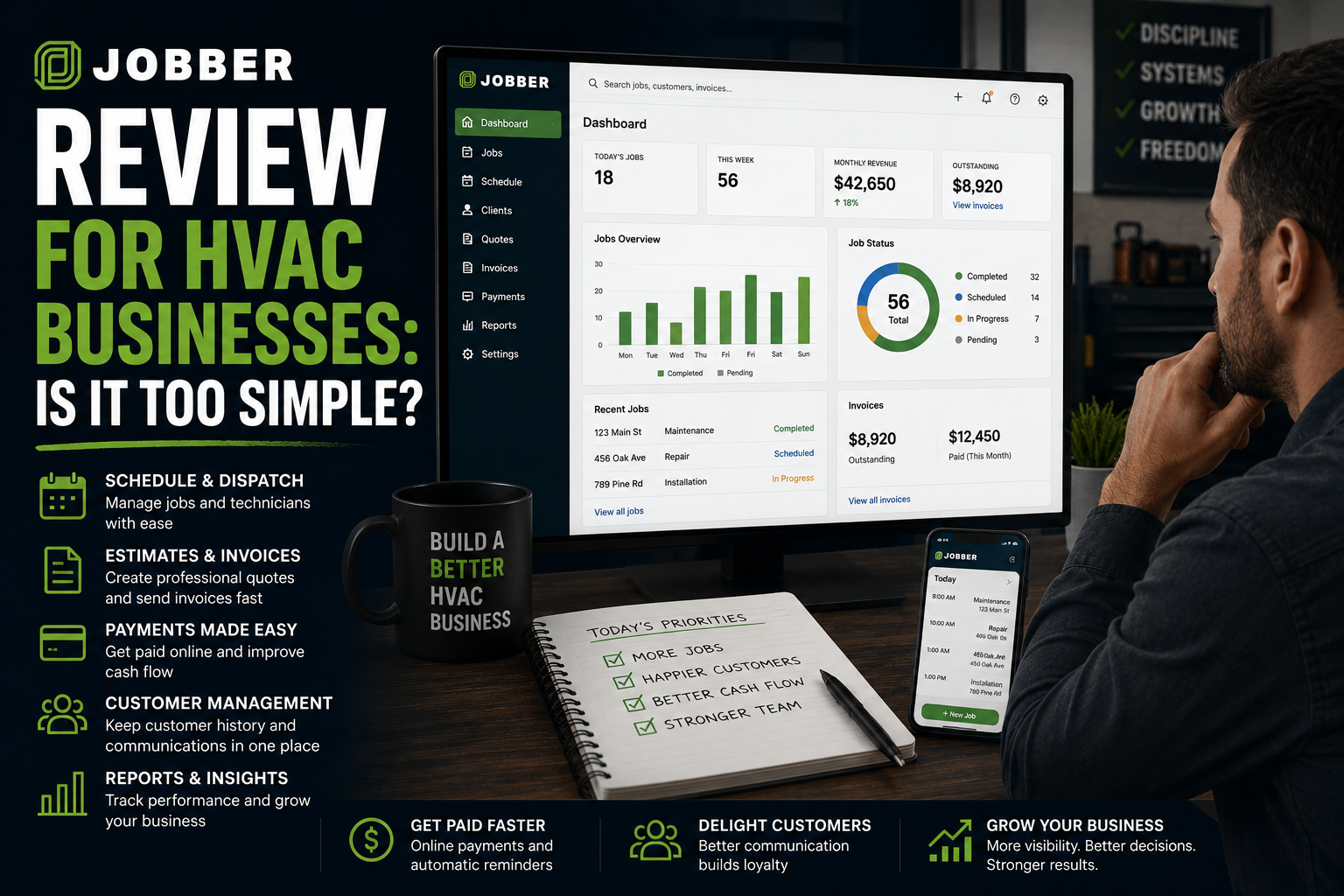 HVAC business owner reviewing Jobber software for scheduling, estimates, invoices, and customer follow-up