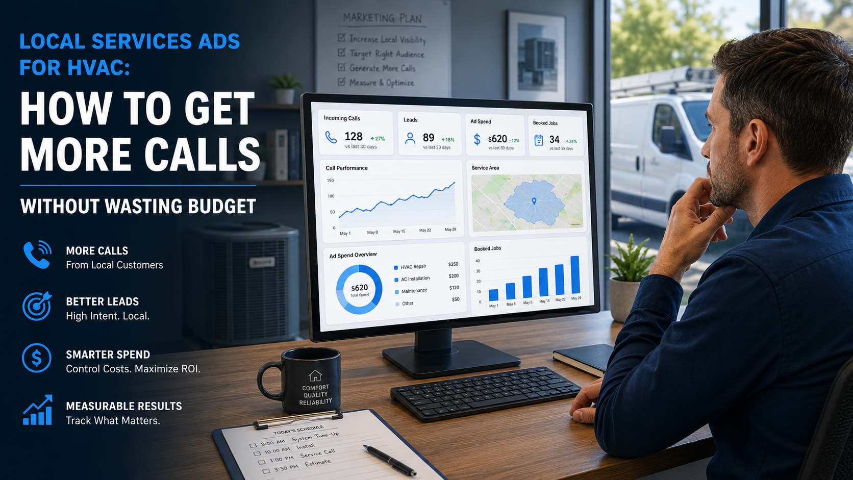 HVAC business owner reviewing Local Services Ads leads, call performance, service areas, and advertising budget