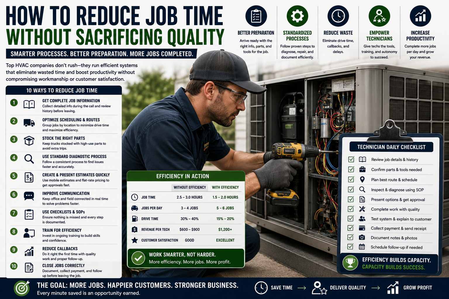 HVAC technician improving job efficiency through better preparation, standardized workflows, and organized tools