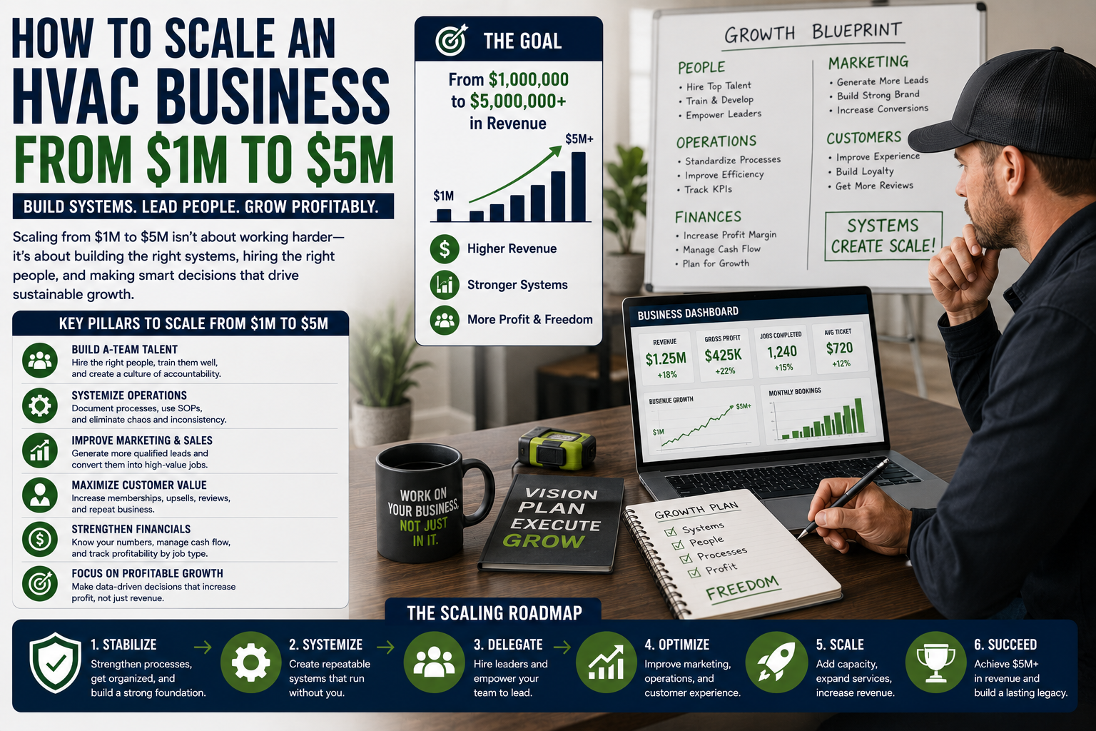 HVAC business owner planning growth from one million to five million in revenue through hiring, systems, marketing, and operations
