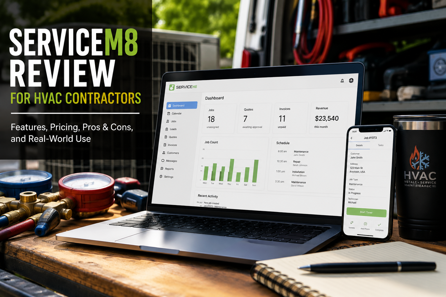 HVAC business owner reviewing ServiceM8 software for scheduling, quotes, invoices, technician mobile access, and customer communication