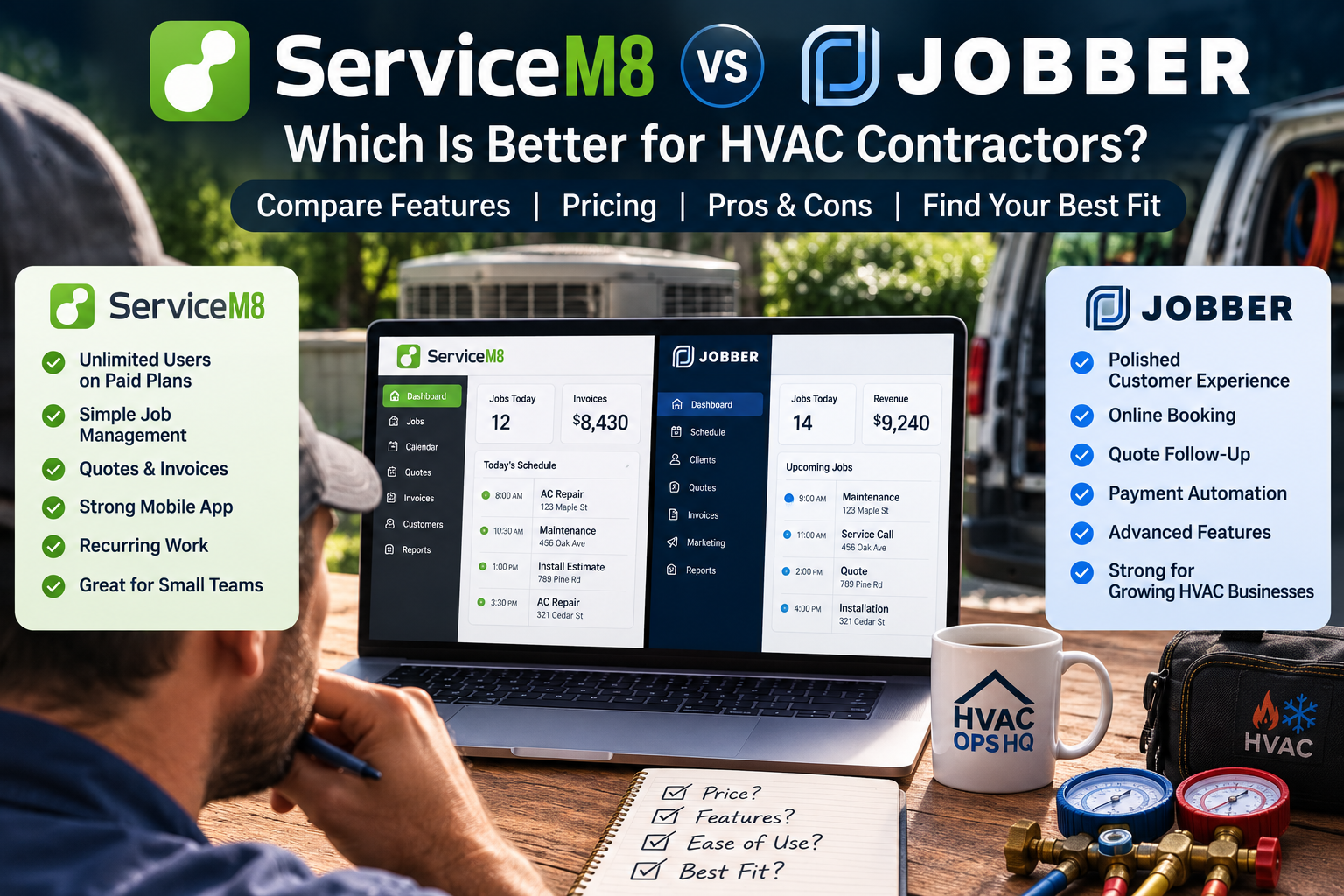 HVAC business owner comparing ServiceM8 and Jobber software for scheduling, quoting, invoices, customer history, and technician mobile workflows