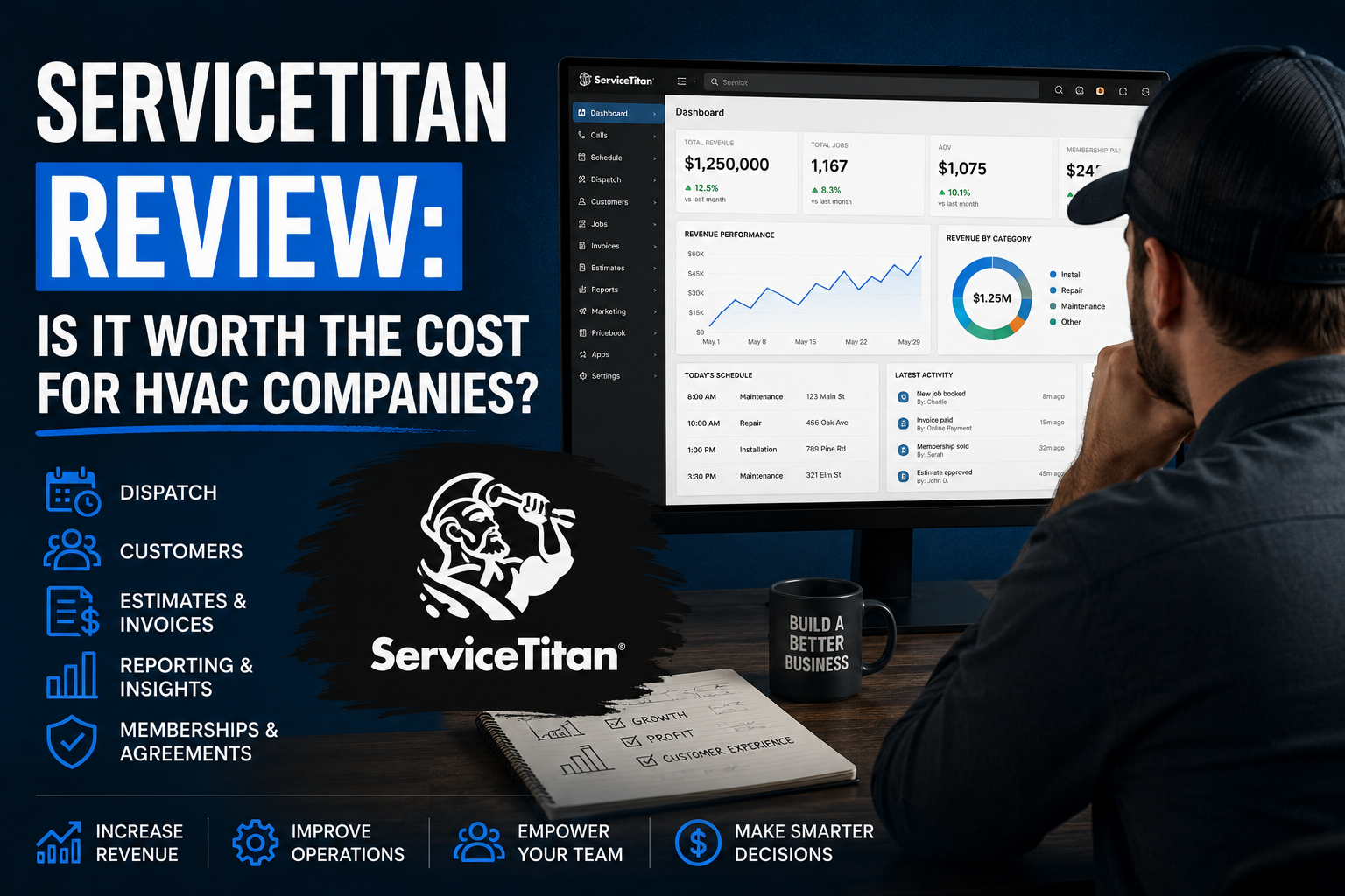 HVAC business owner reviewing ServiceTitan dashboards for dispatch, reporting, memberships, and technician performance