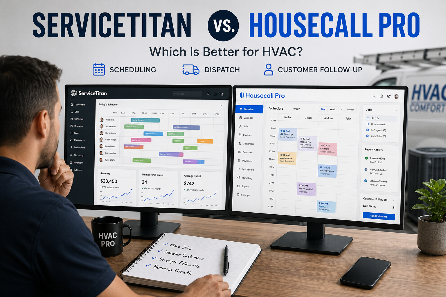 HVAC business owner comparing ServiceTitan and Housecall Pro dashboards for scheduling, dispatch, and customer follow-up