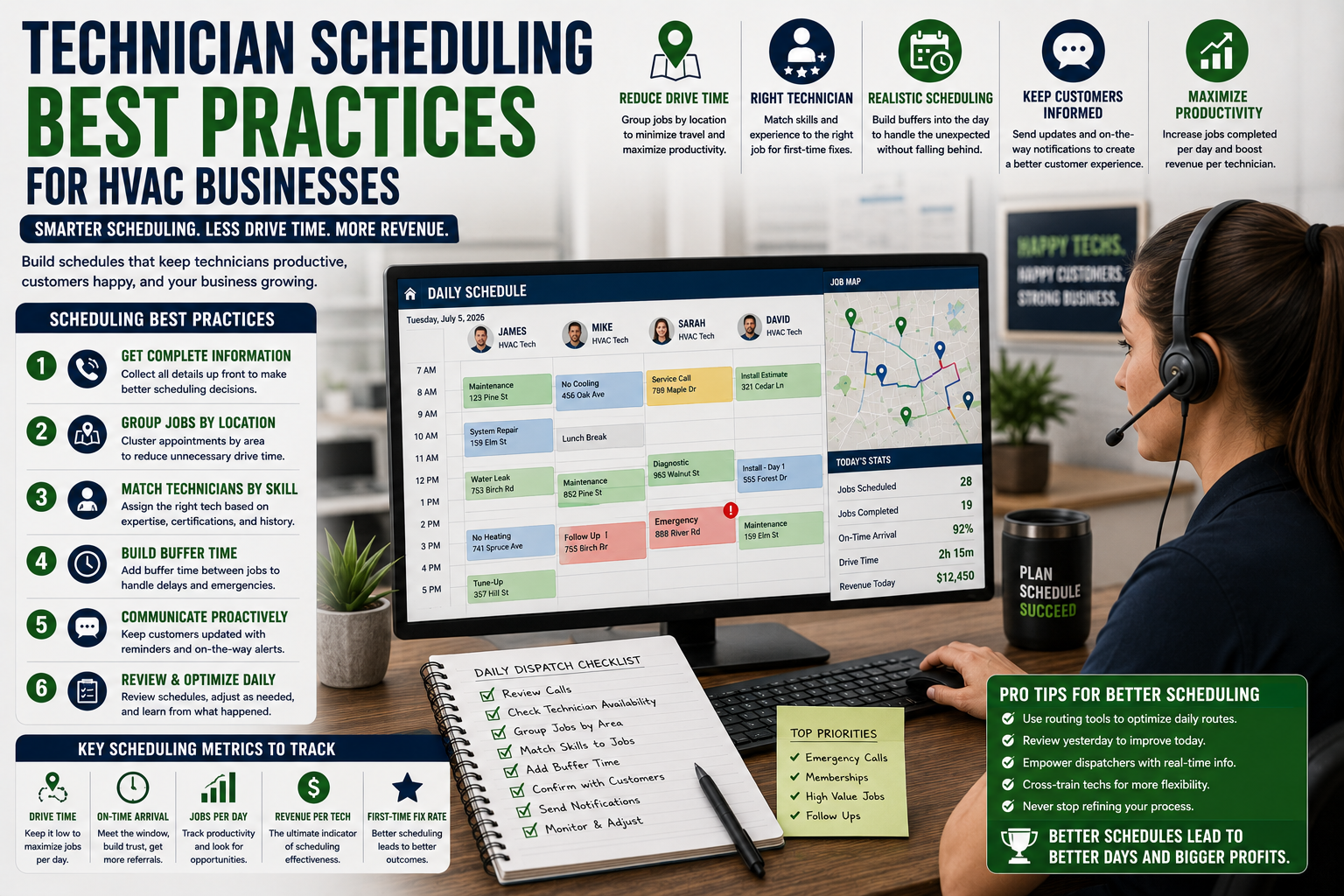 HVAC dispatcher scheduling technicians by location, skill level, service type, and job priority