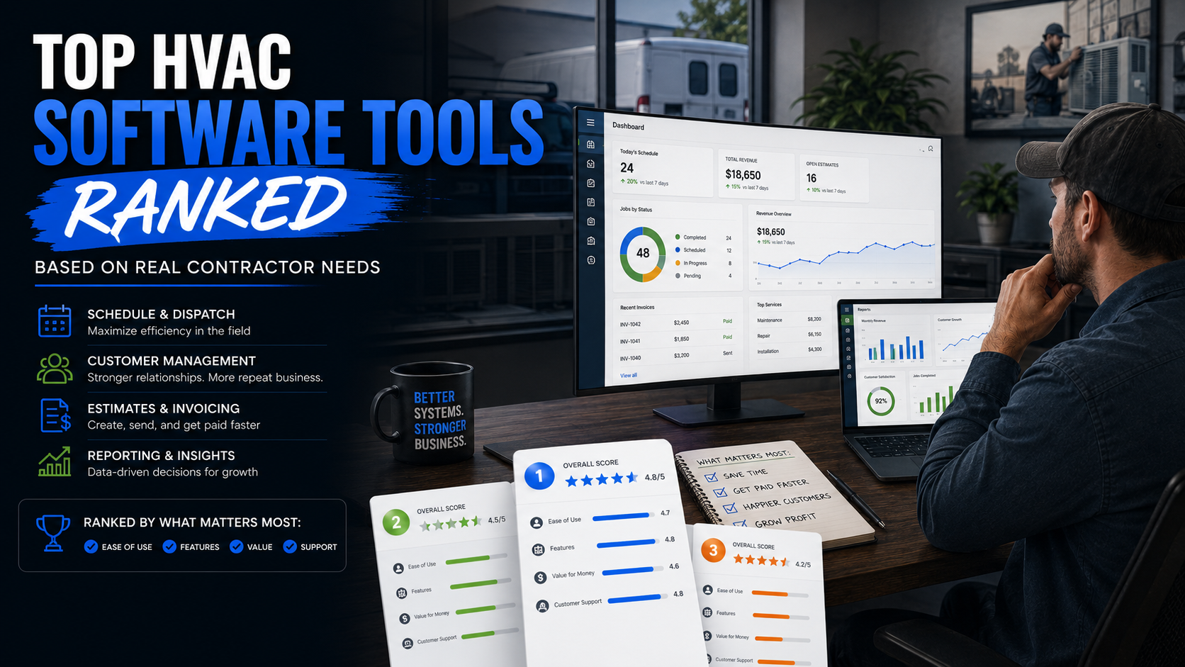 HVAC business owner comparing top software tools for dispatch, customer management, estimates, and business growth