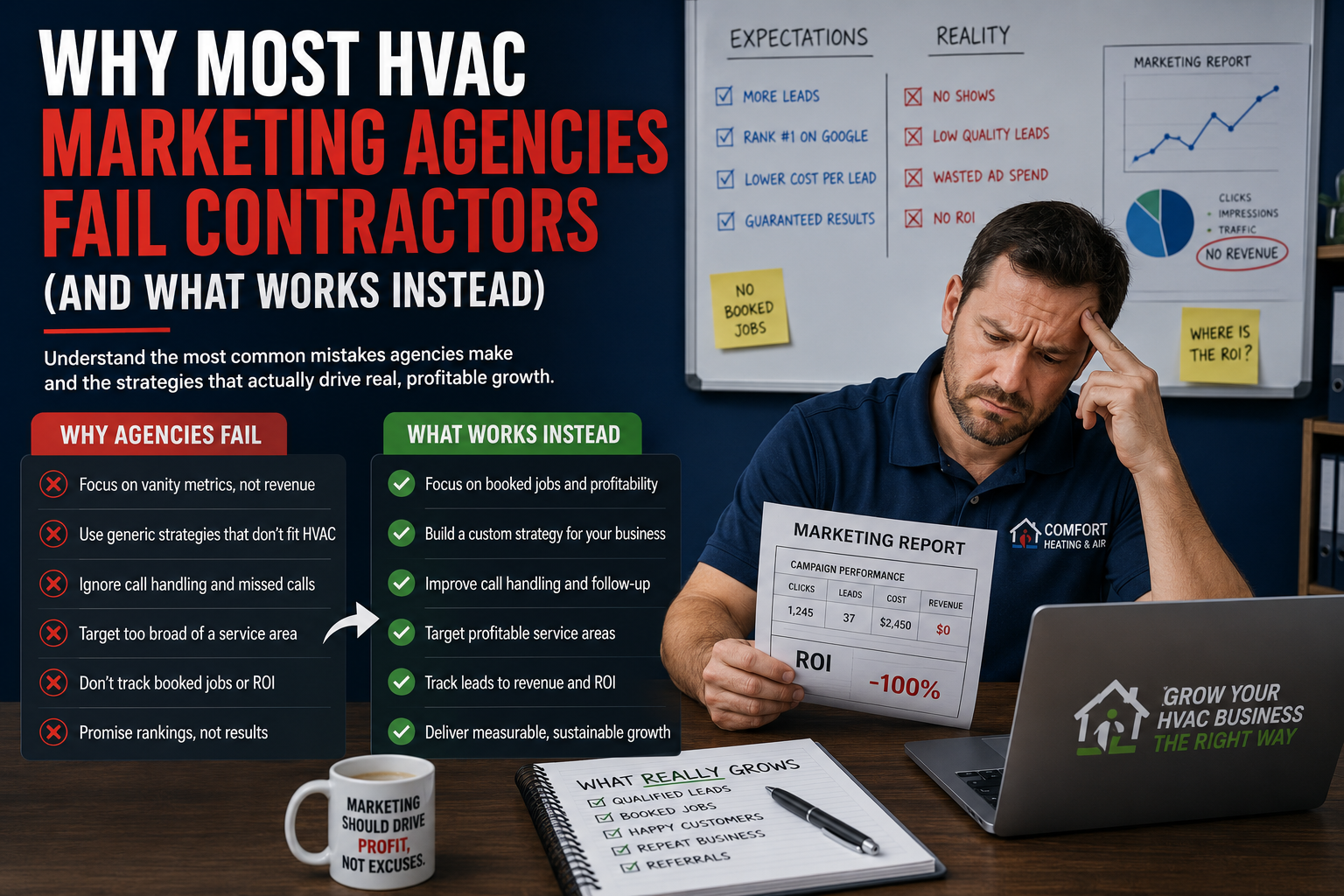 HVAC business owner reviewing marketing results, lead quality, advertising costs, and agency performance