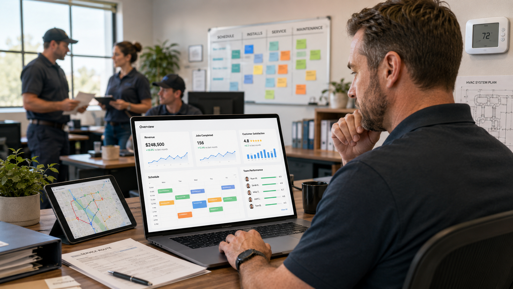 HVAC business owner reviewing growth systems, team performance, and service operations